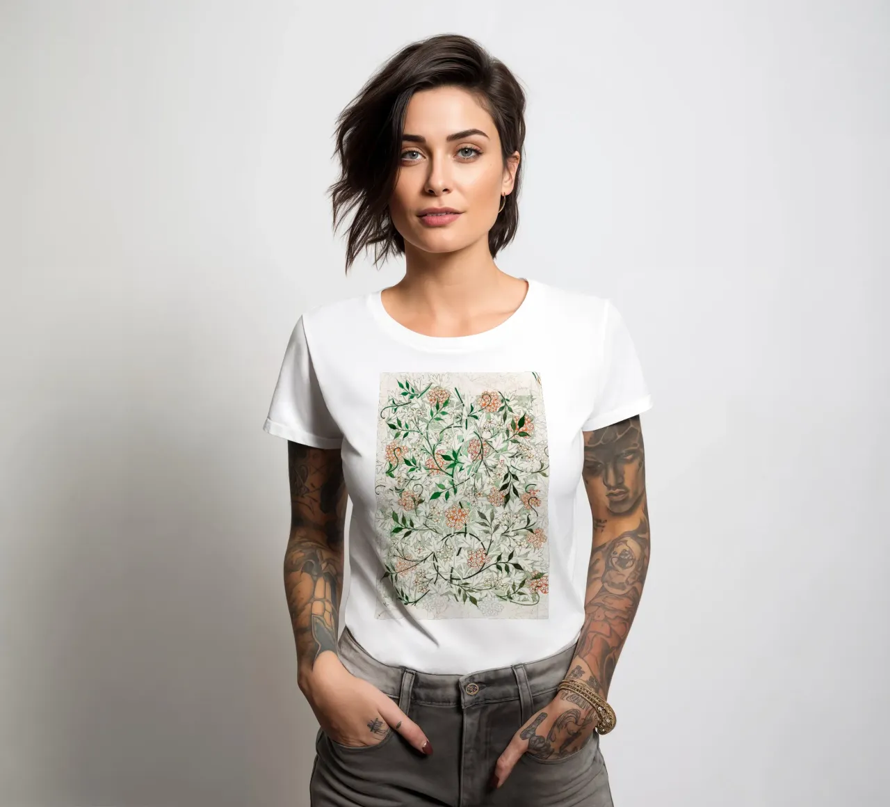 William Morris White Jasmine Pattern Botanical women's fitted t-shirt by Jam Poster