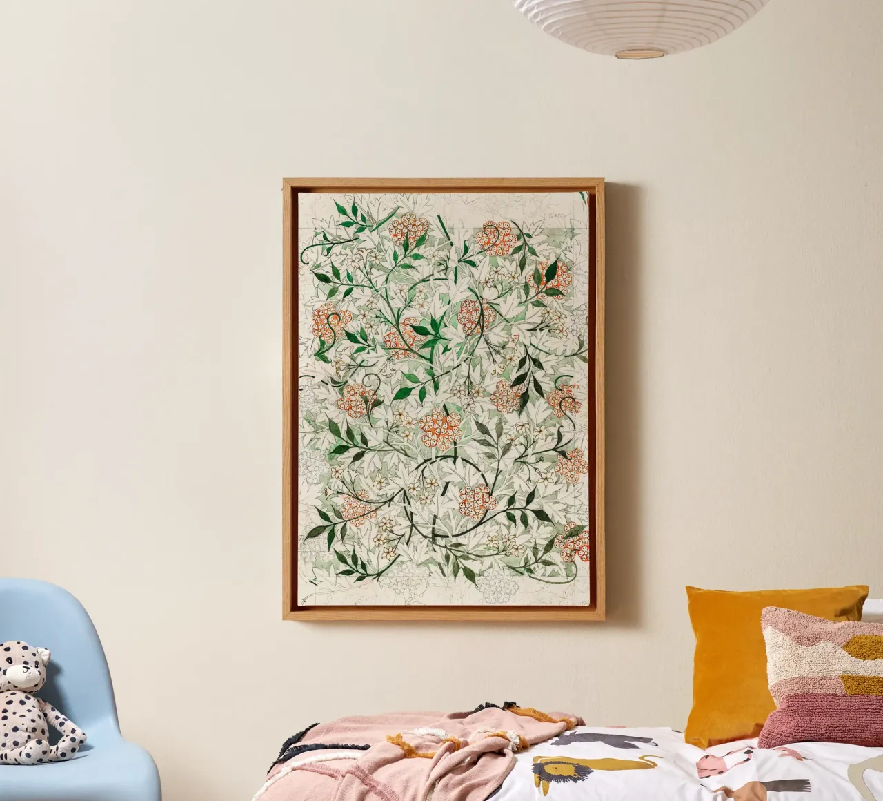 William Morris White Jasmine Pattern Botanical canvas with Floater frame by Jam Poster