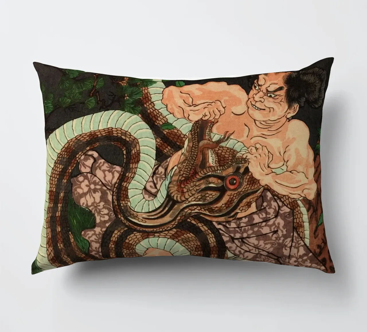Samurai in lotta con il serpente - Ukiyo-e giapponese d'epoca cuscino da Masterpieces Of Japanese Art