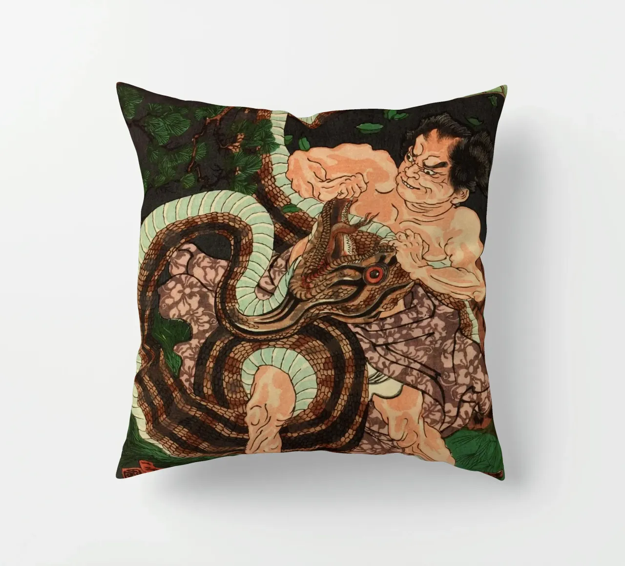 Samurai in lotta con il serpente - Ukiyo-e giapponese d'epoca cuscino da Masterpieces Of Japanese Art