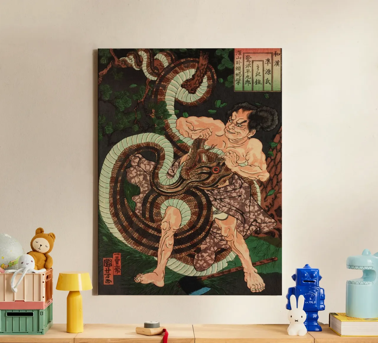 Samurai in lotta con il serpente - Ukiyo-e giapponese d'epoca tela con Cornice a cassetta da Masterpieces Of Japanese Art