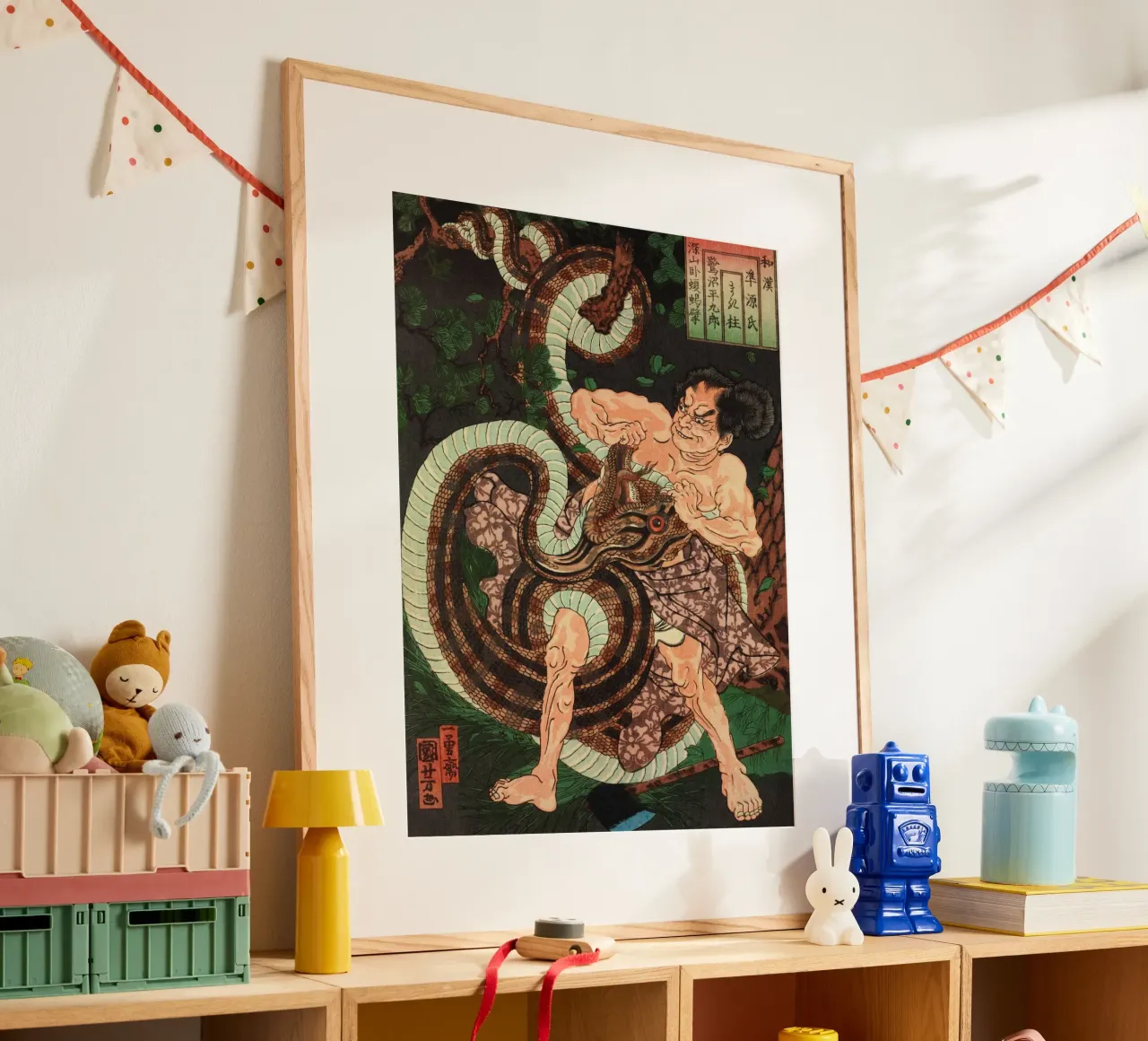 Samurai in lotta con il serpente - Ukiyo-e giapponese d'epoca poster da Masterpieces Of Japanese Art