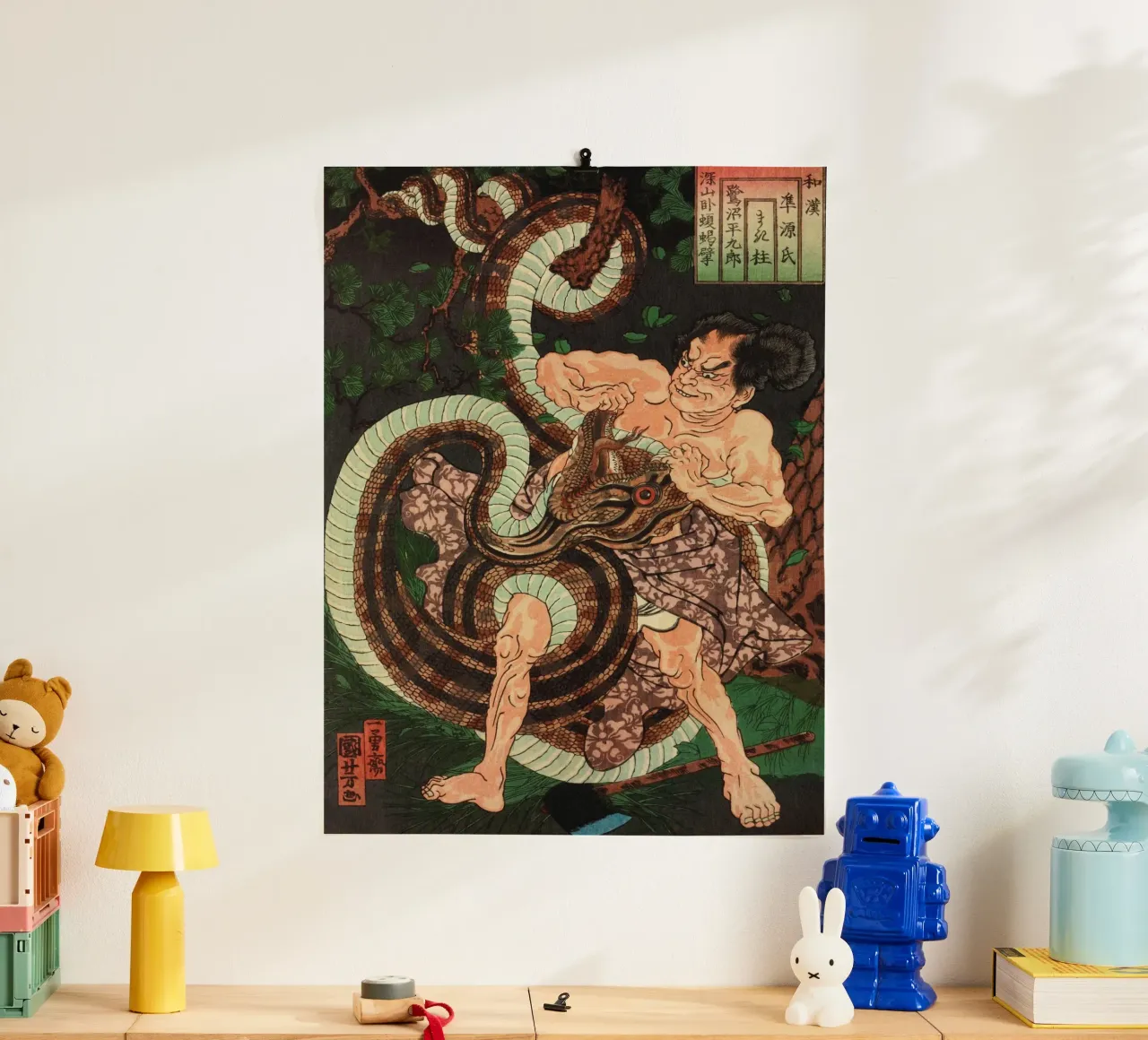 Samurai in lotta con il serpente - Ukiyo-e giapponese d'epoca poster da Masterpieces Of Japanese Art
