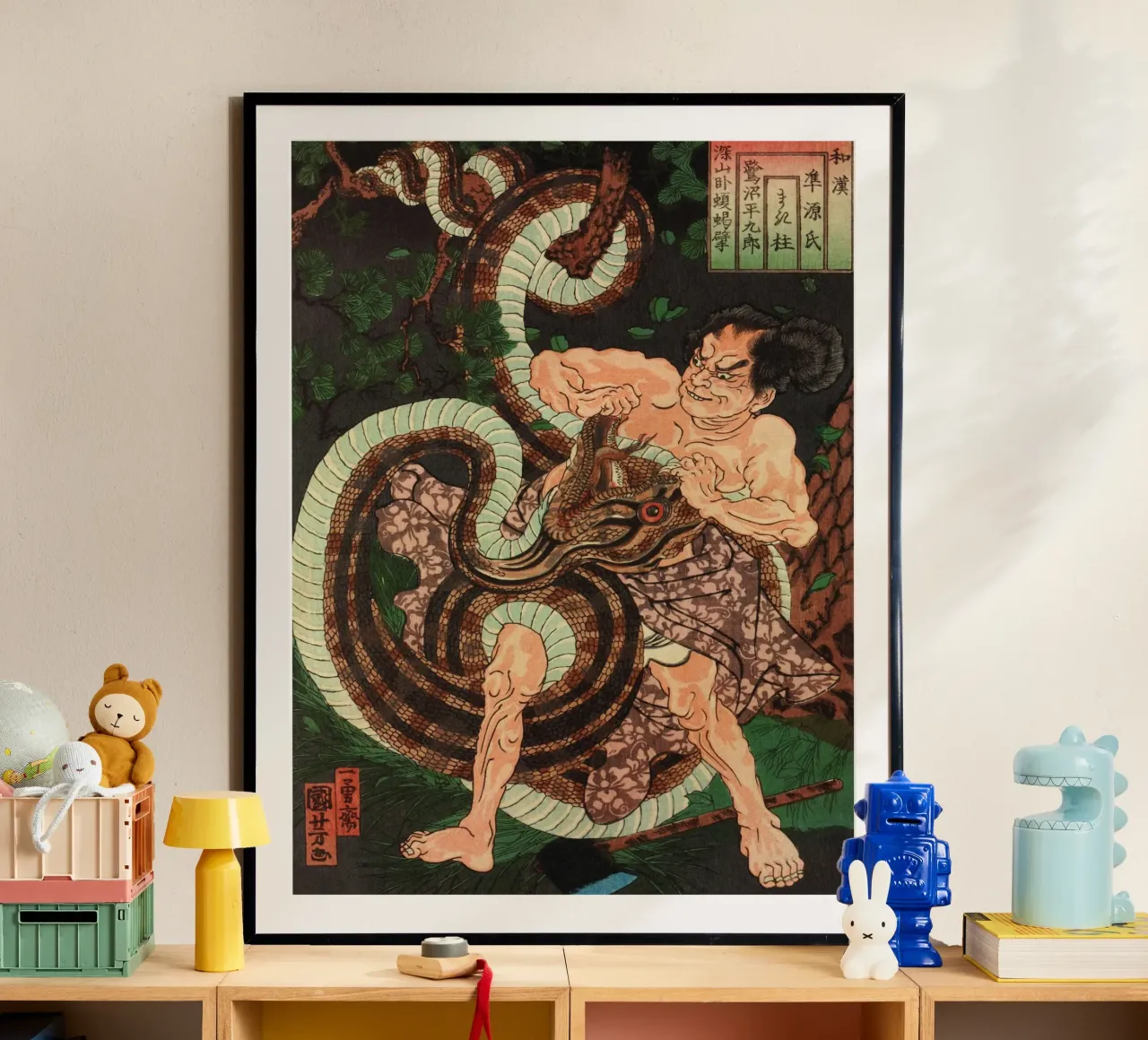 Samurai in lotta con il serpente - Ukiyo-e giapponese d'epoca poster da Masterpieces Of Japanese Art