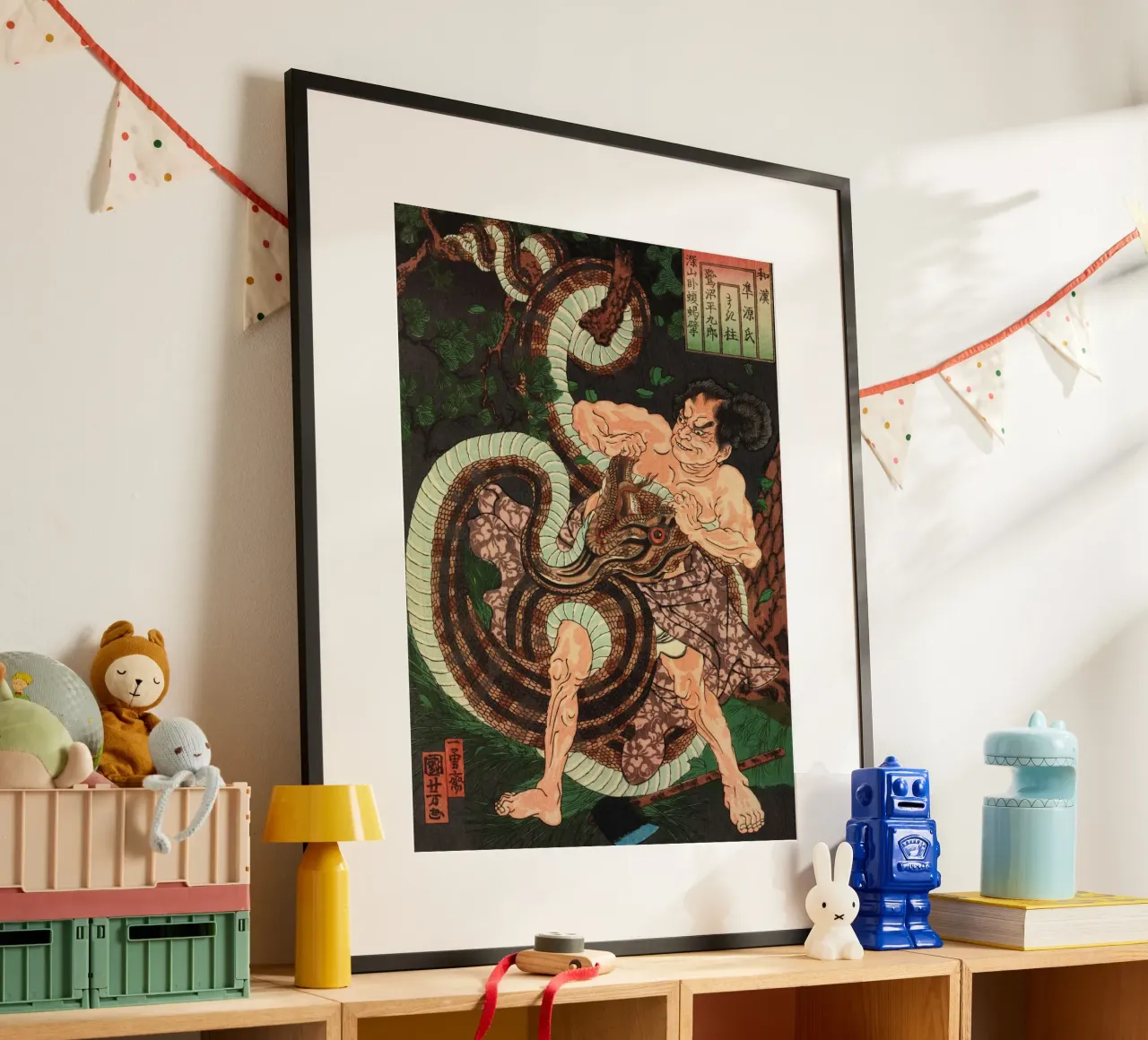 Samurai in lotta con il serpente - Ukiyo-e giapponese d'epoca poster da Masterpieces Of Japanese Art