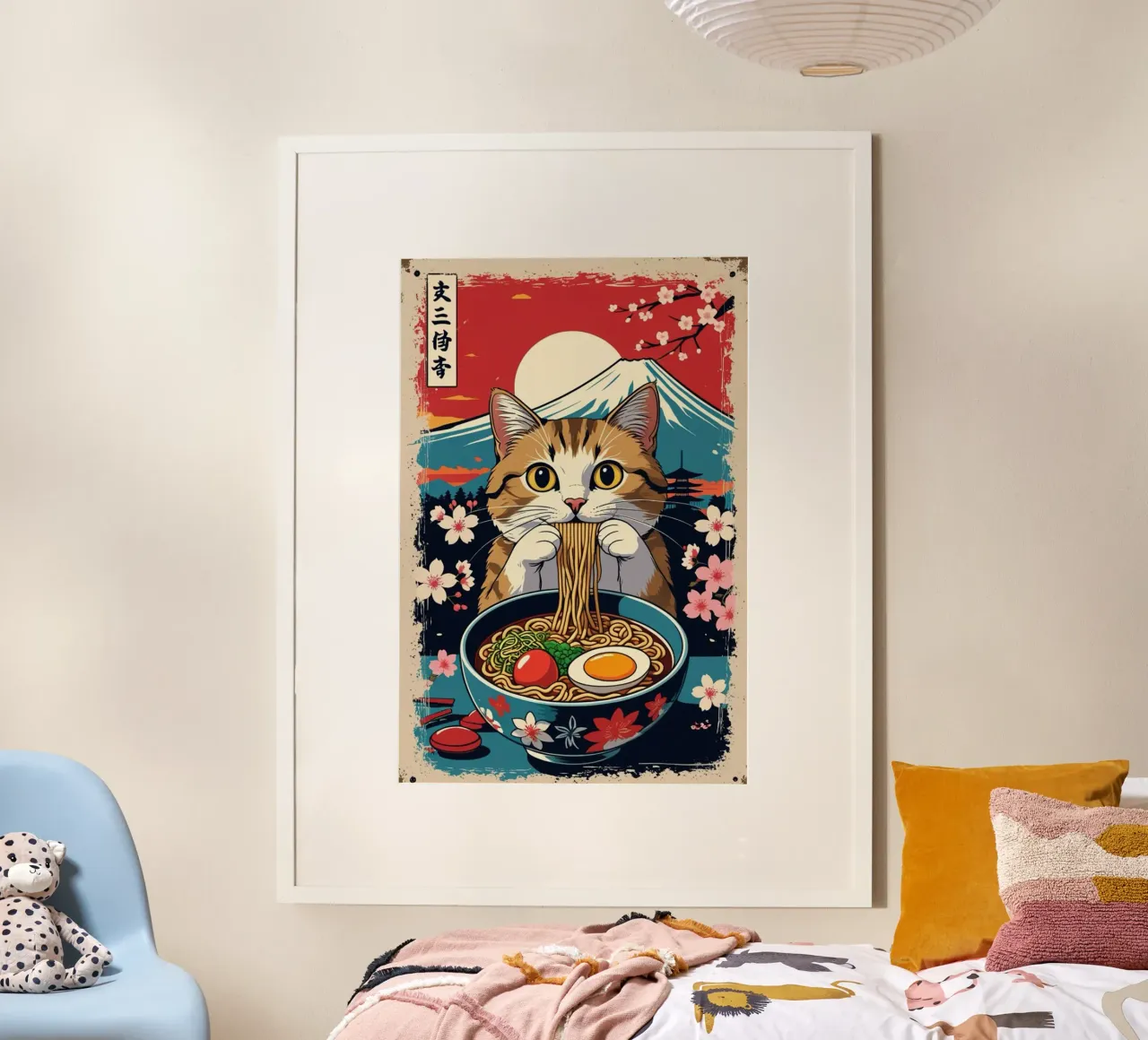 I gatti amano il ramen poster con telaio in legno da cosmos studio