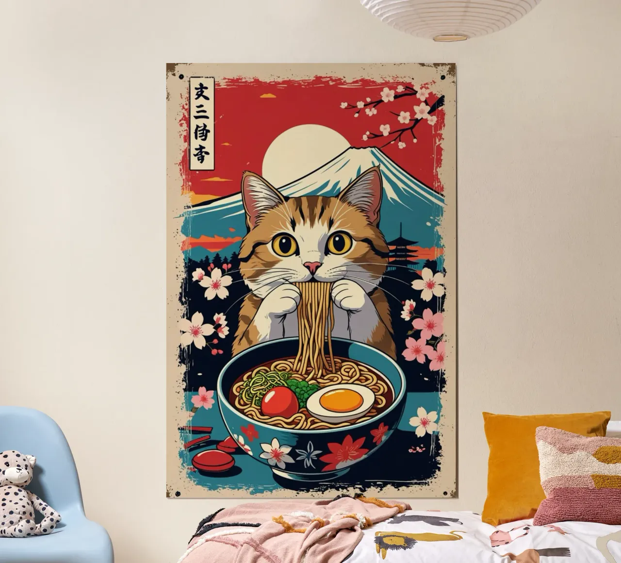 I gatti amano il ramen poster con telaio in legno da cosmos studio