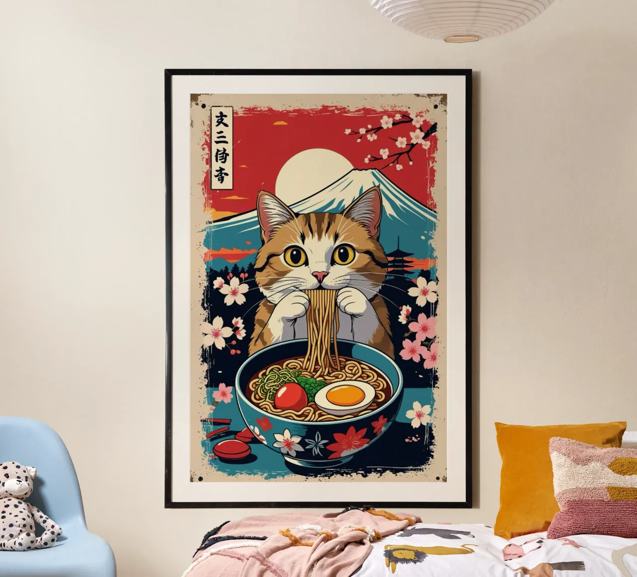 I gatti amano il ramen poster con telaio in legno da cosmos studio