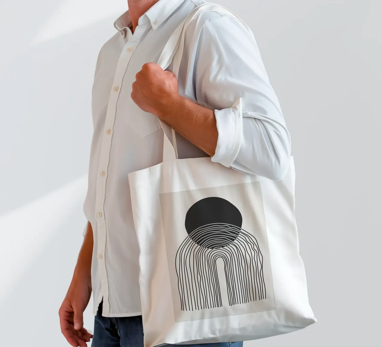 cerchio nero linee arcuate borsa in juta da Ron Bale