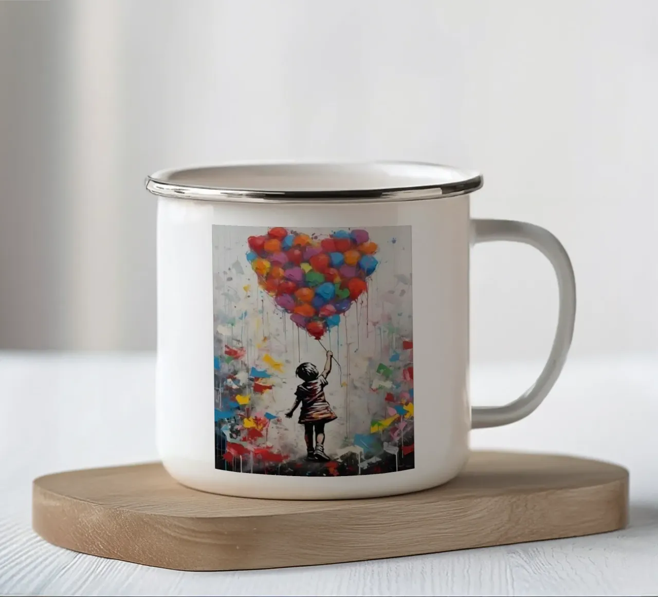 Ragazza con pallone arcobaleno tazza in smalto da Martin studio