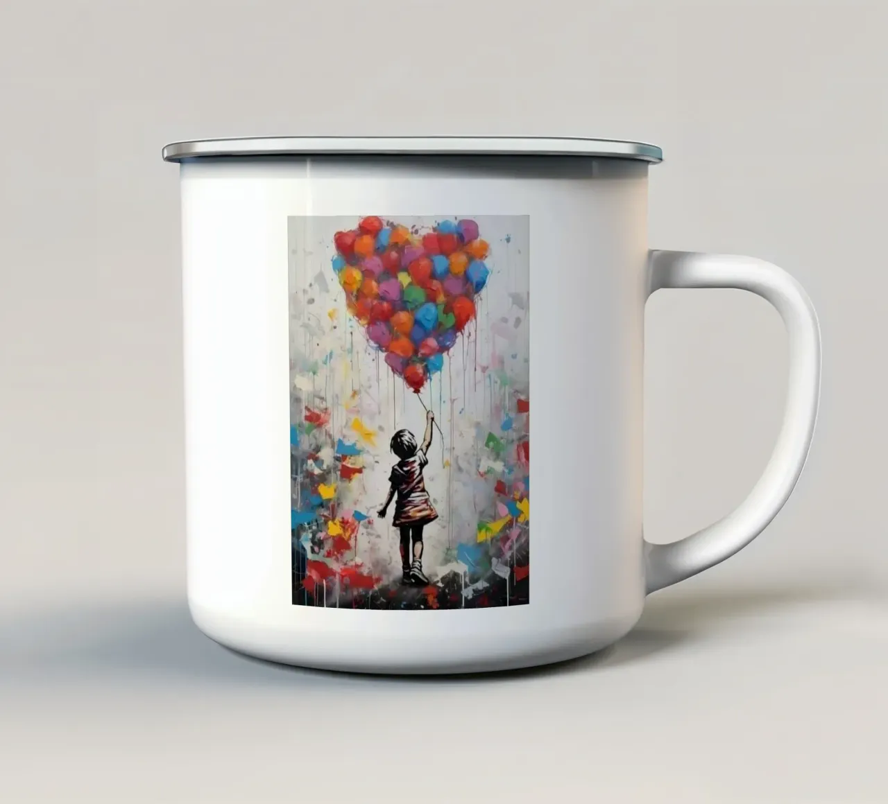 Ragazza con pallone arcobaleno tazza in smalto da Martin studio