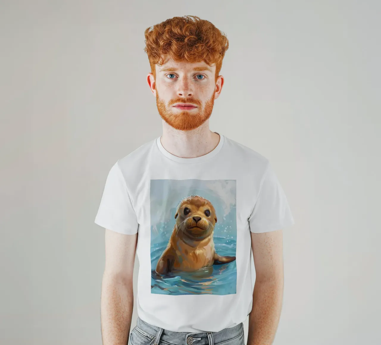 Playful Sea Lion Pup Splashes in the Water, Radiating Joy t-shirt by DesignDoodle