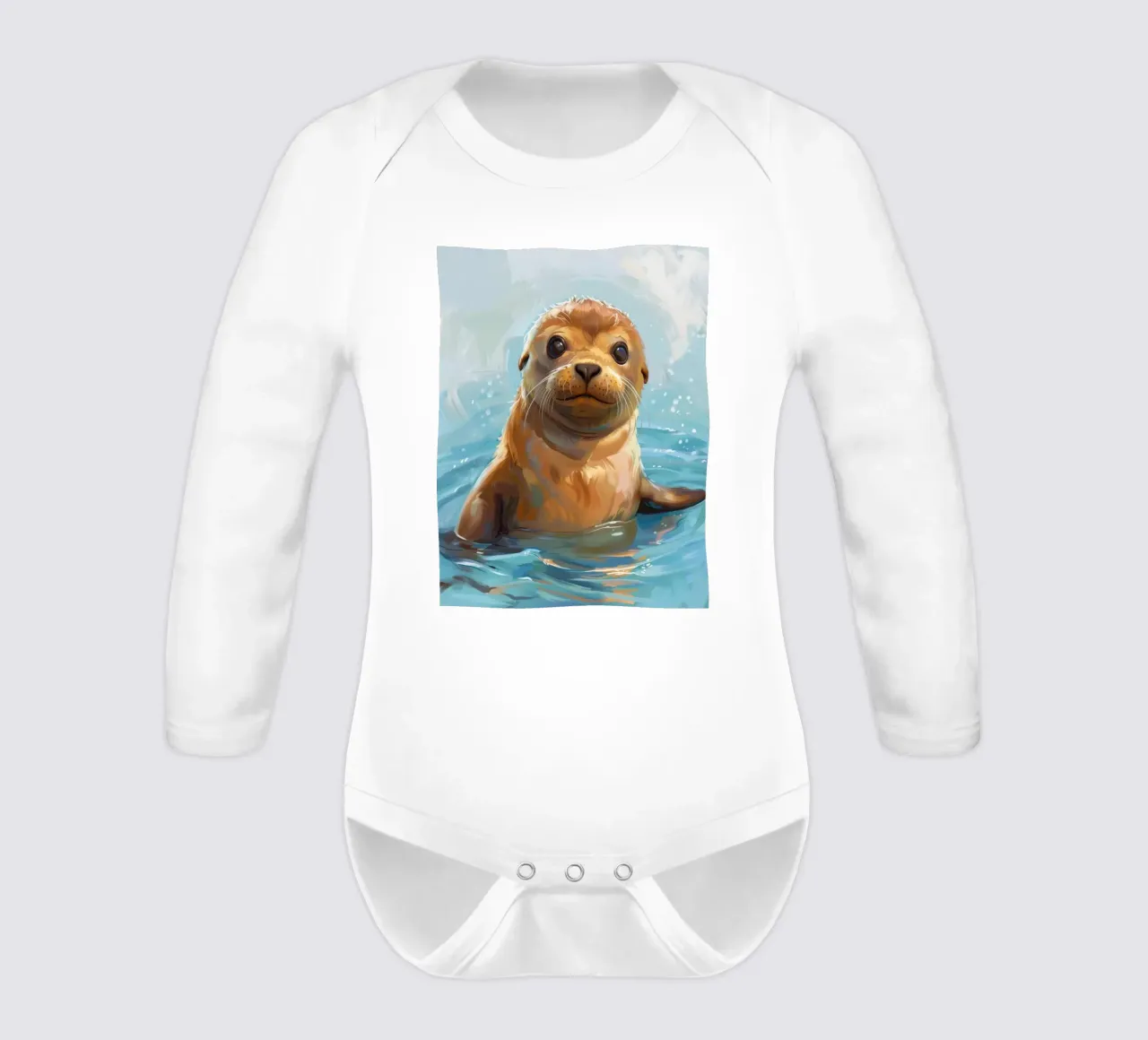 Playful Sea Lion Pup Splashes in the Water, Radiating Joy long-sleeve baby romper by DesignDoodle