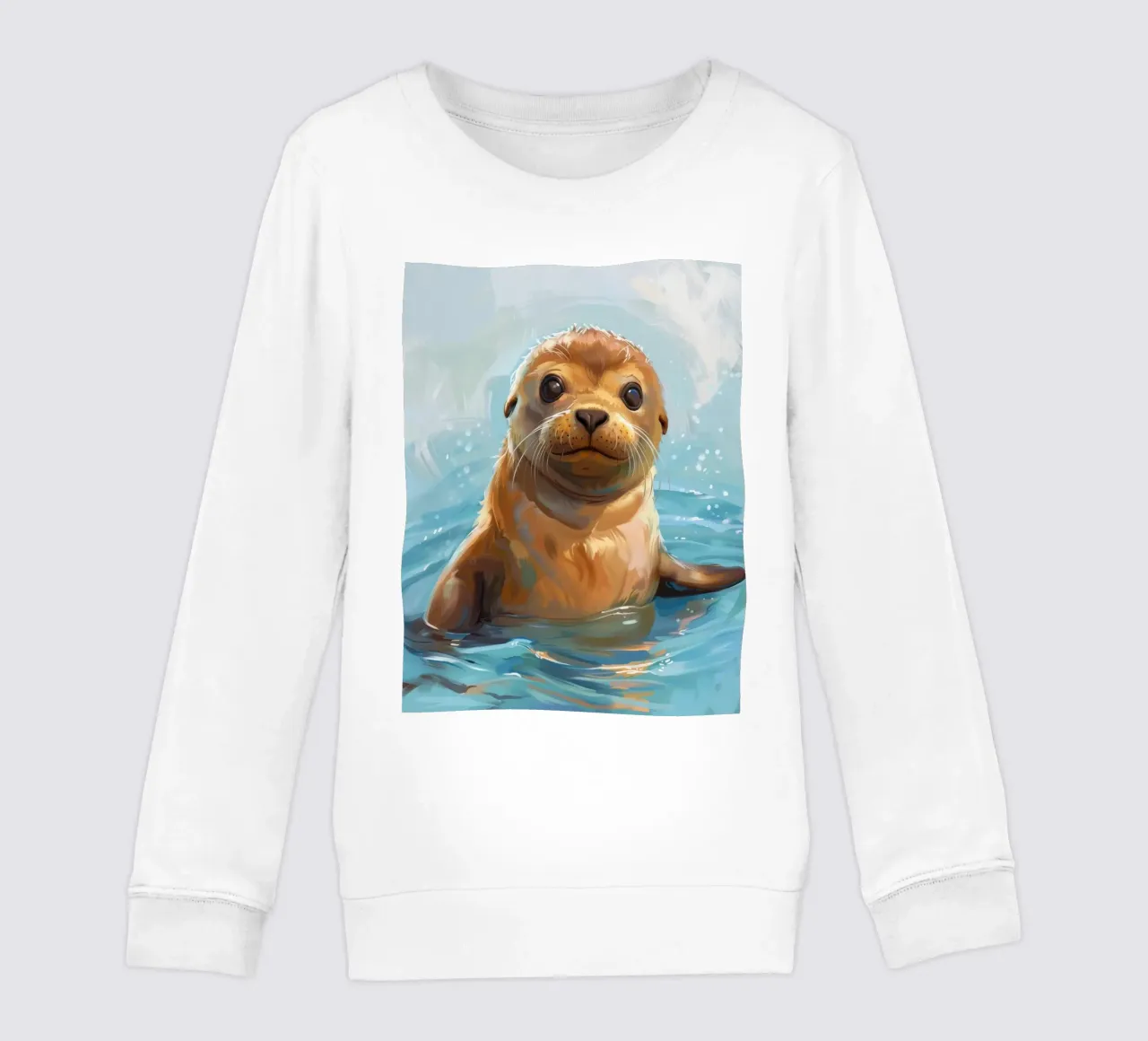 Playful Sea Lion Pup Splashes in the Water, Radiating Joy kids sweatshirt by DesignDoodle