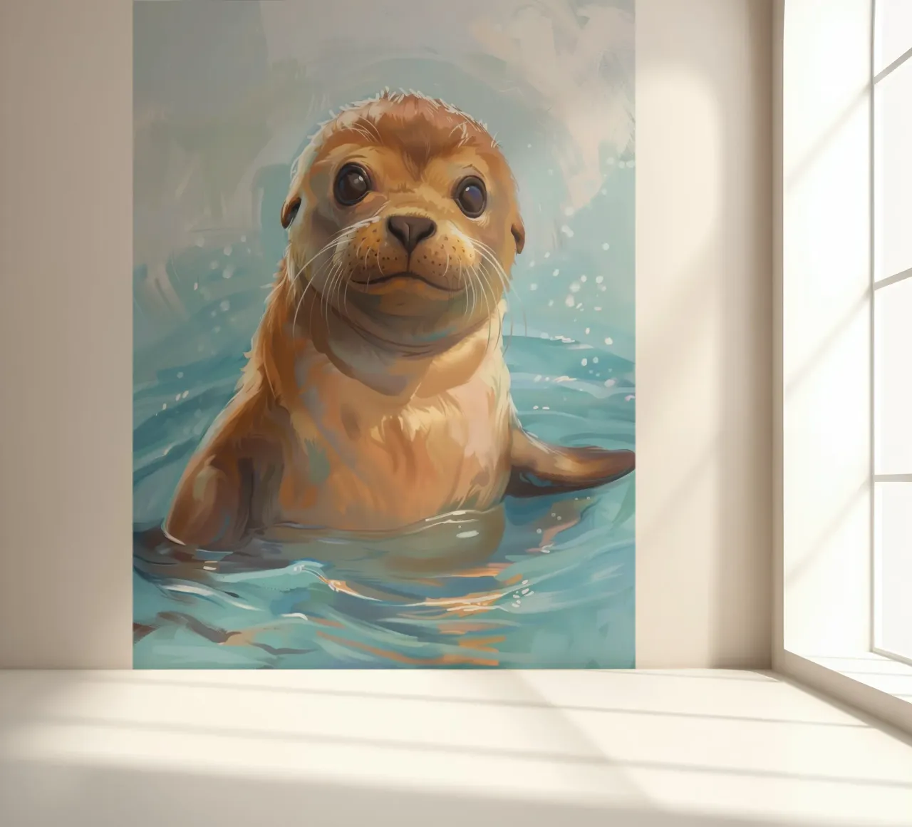 Playful Sea Lion Pup Splashes in the Water, Radiating Joy photo wallpaper by DesignDoodle