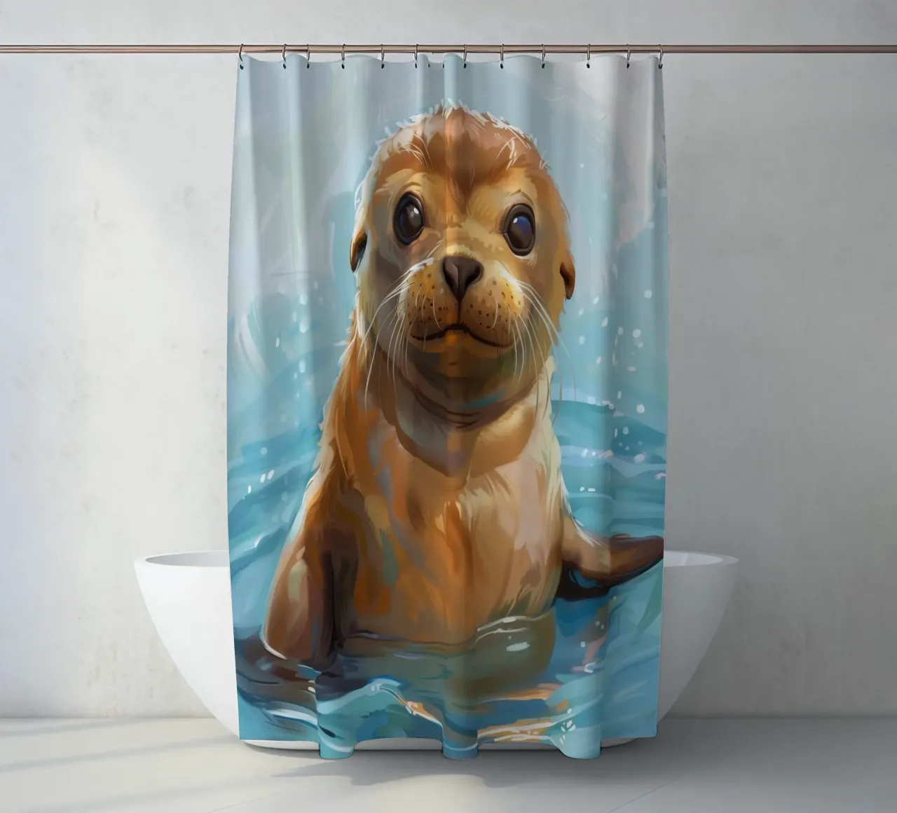 Speelse zeeleeuwpup plonst in het water en straalt vreugde uit douchegordijn van DesignDoodle