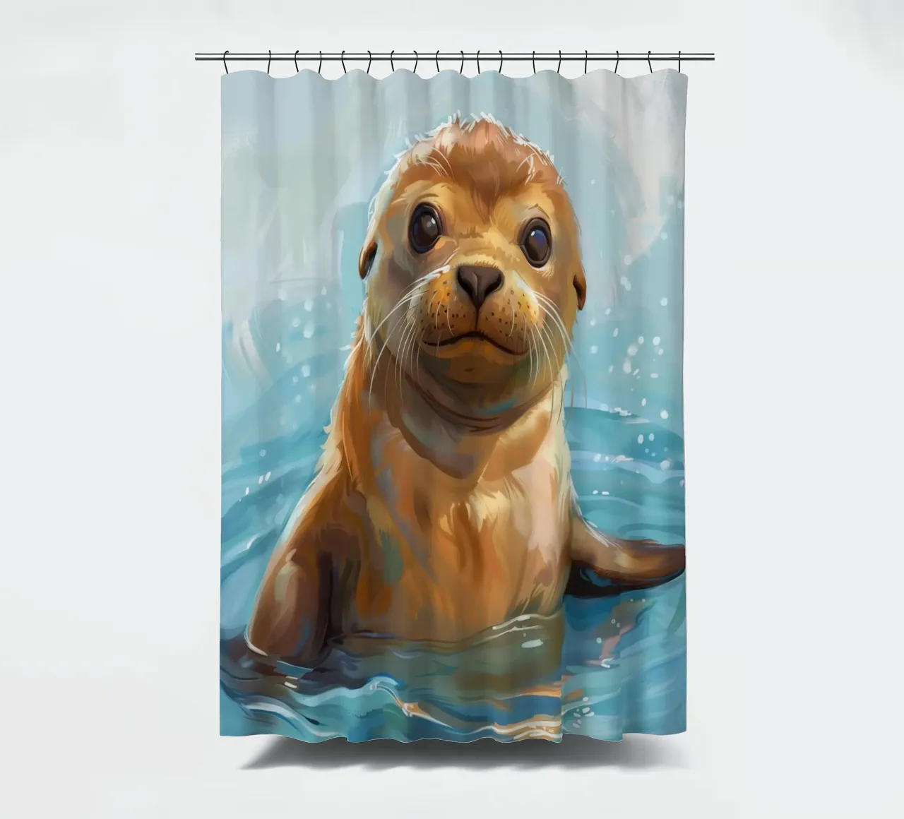 Speelse zeeleeuwpup plonst in het water en straalt vreugde uit douchegordijn van DesignDoodle