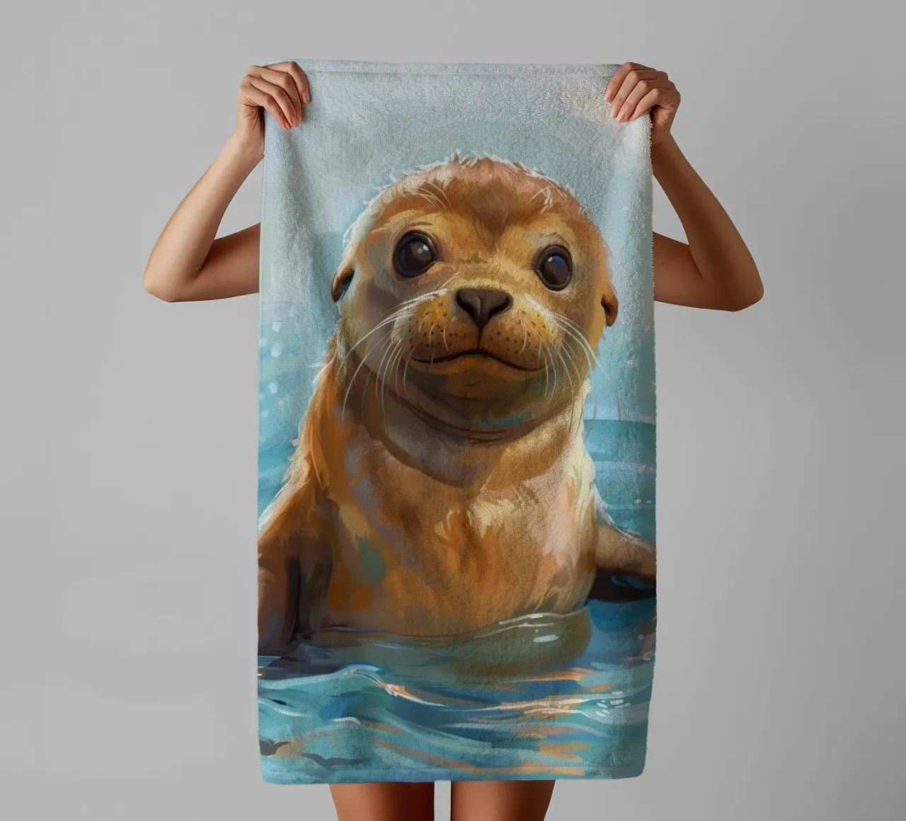 Speelse zeeleeuwpup plonst in het water en straalt vreugde uit badhanddoek van DesignDoodle