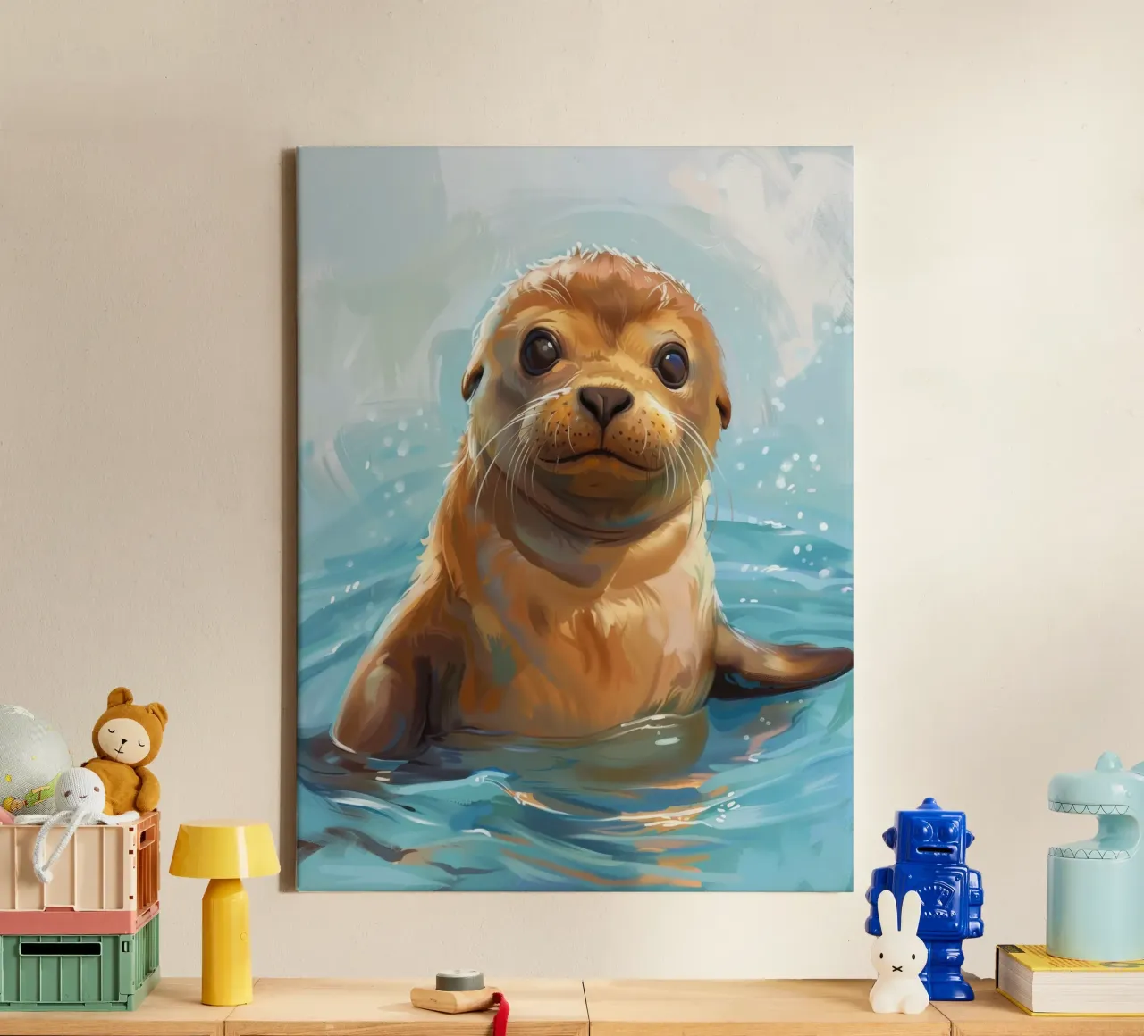 Speelse zeeleeuwpup plonst in het water en straalt vreugde uit canvas van DesignDoodle