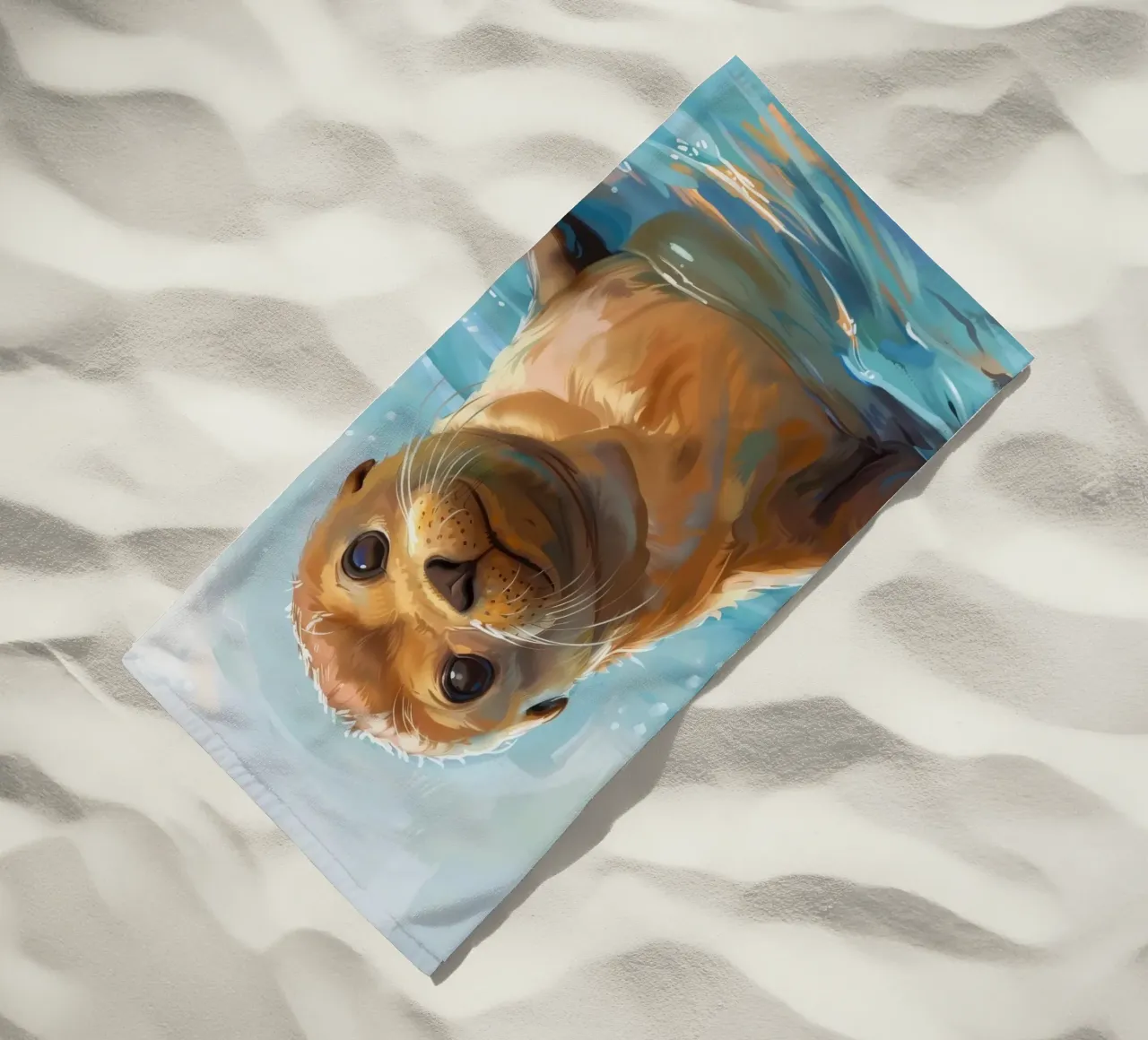 Playful Sea Lion Pup Splashes in the Water, Radiating Joy beach towel by DesignDoodle