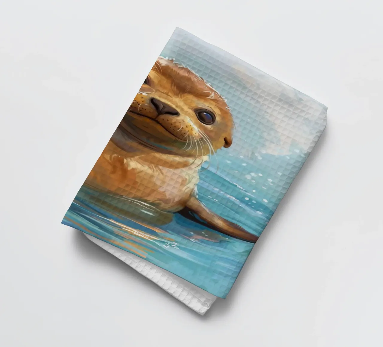 Speelse zeeleeuwpup plonst in het water en straalt vreugde uit theedoek van DesignDoodle