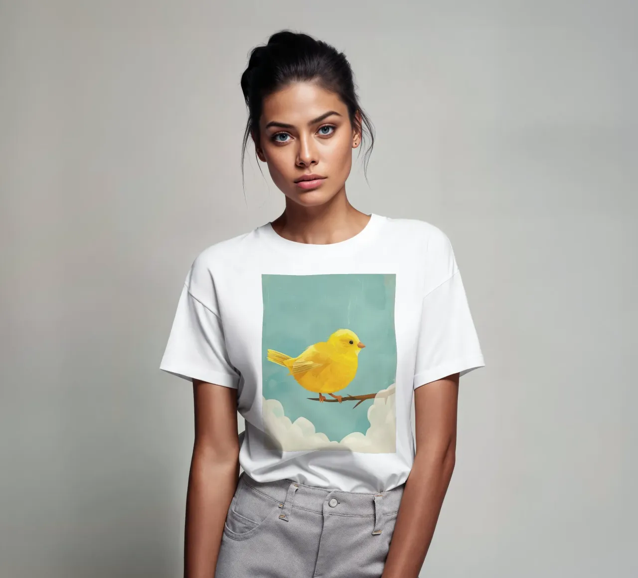 Un canarino siede con grazia su un ramo, circondato dal cielo blu t-shirt da DesignDoodle