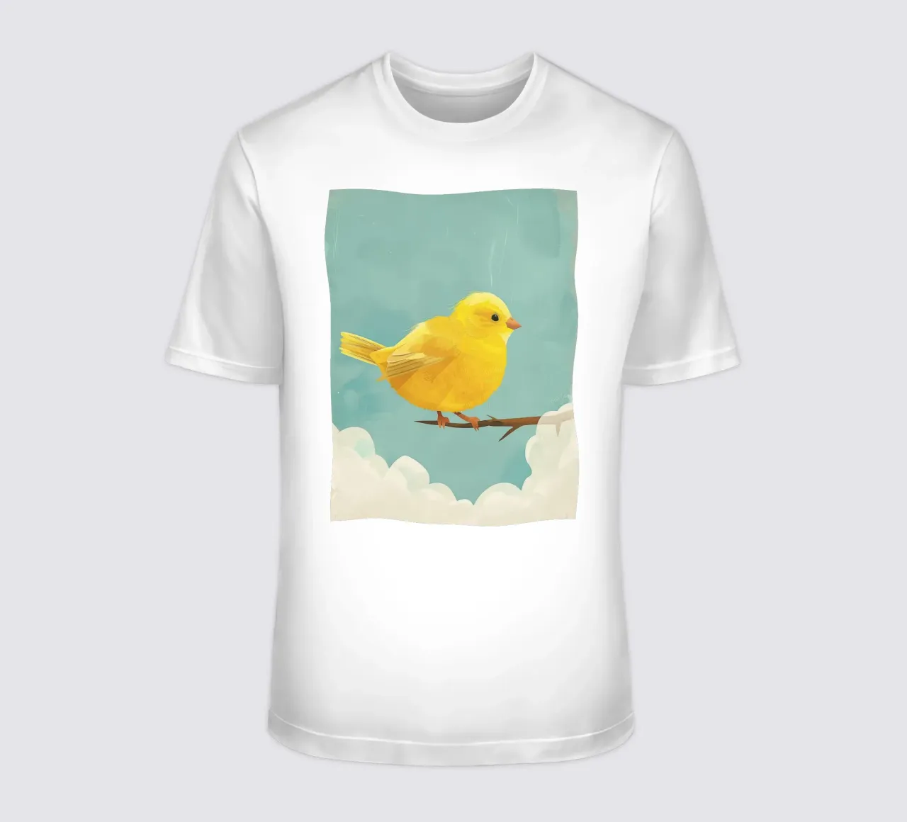 Un canarino siede con grazia su un ramo, circondato dal cielo blu t-shirt da DesignDoodle