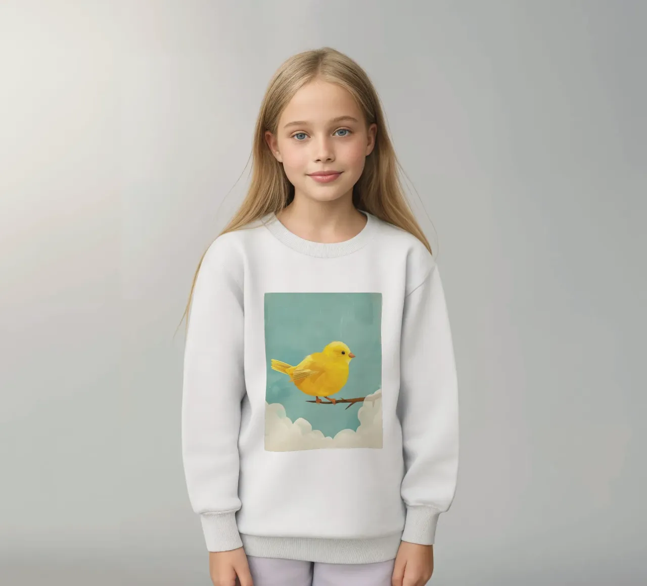 Un canarino siede con grazia su un ramo, circondato dal cielo blu felpa bambino da DesignDoodle