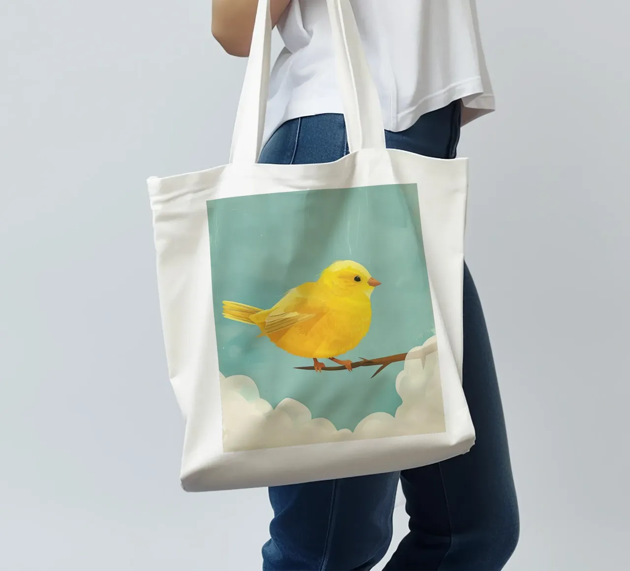 Un canarino siede con grazia su un ramo, circondato dal cielo blu borsa in juta da DesignDoodle