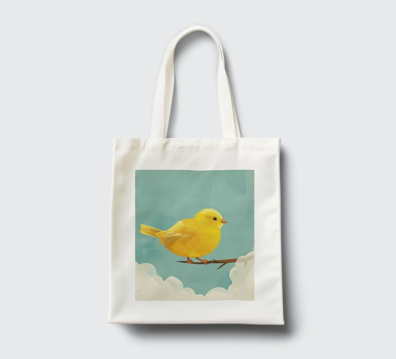 Un canarino siede con grazia su un ramo, circondato dal cielo blu borsa in juta da DesignDoodle