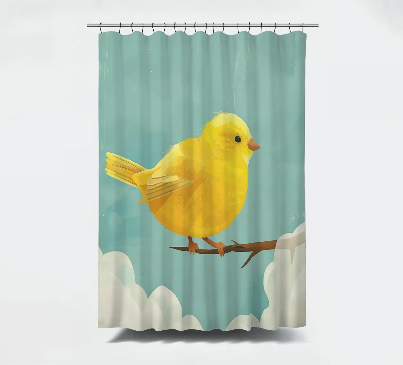 Un canarino siede con grazia su un ramo, circondato dal cielo blu tenda da doccia da DesignDoodle