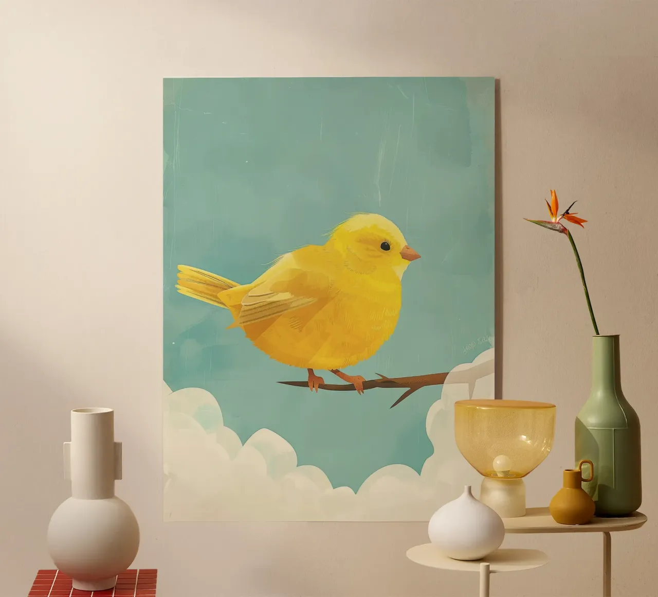 Un canarino siede con grazia su un ramo, circondato dal cielo blu plexiglass da DesignDoodle