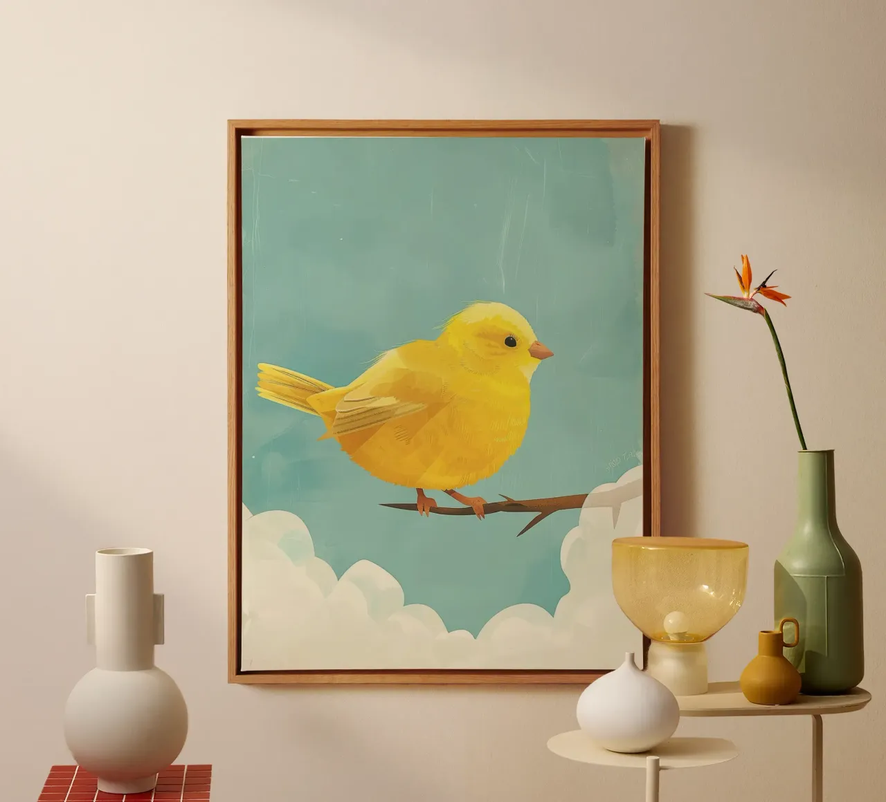 Un canarino siede con grazia su un ramo, circondato dal cielo blu tela con Cornice a cassetta da DesignDoodle