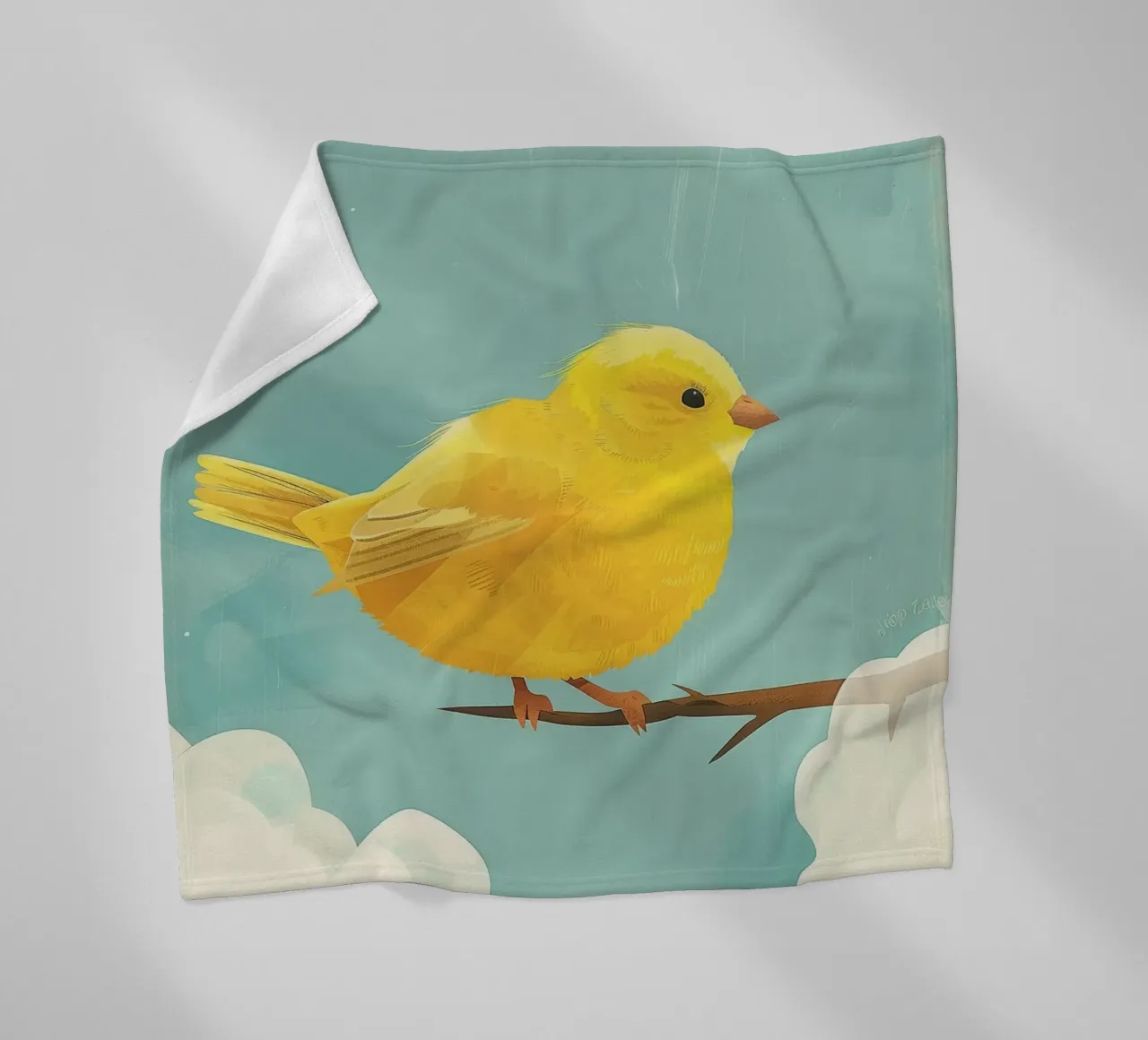 Un canarino siede con grazia su un ramo, circondato dal cielo blu coperta in pile da DesignDoodle