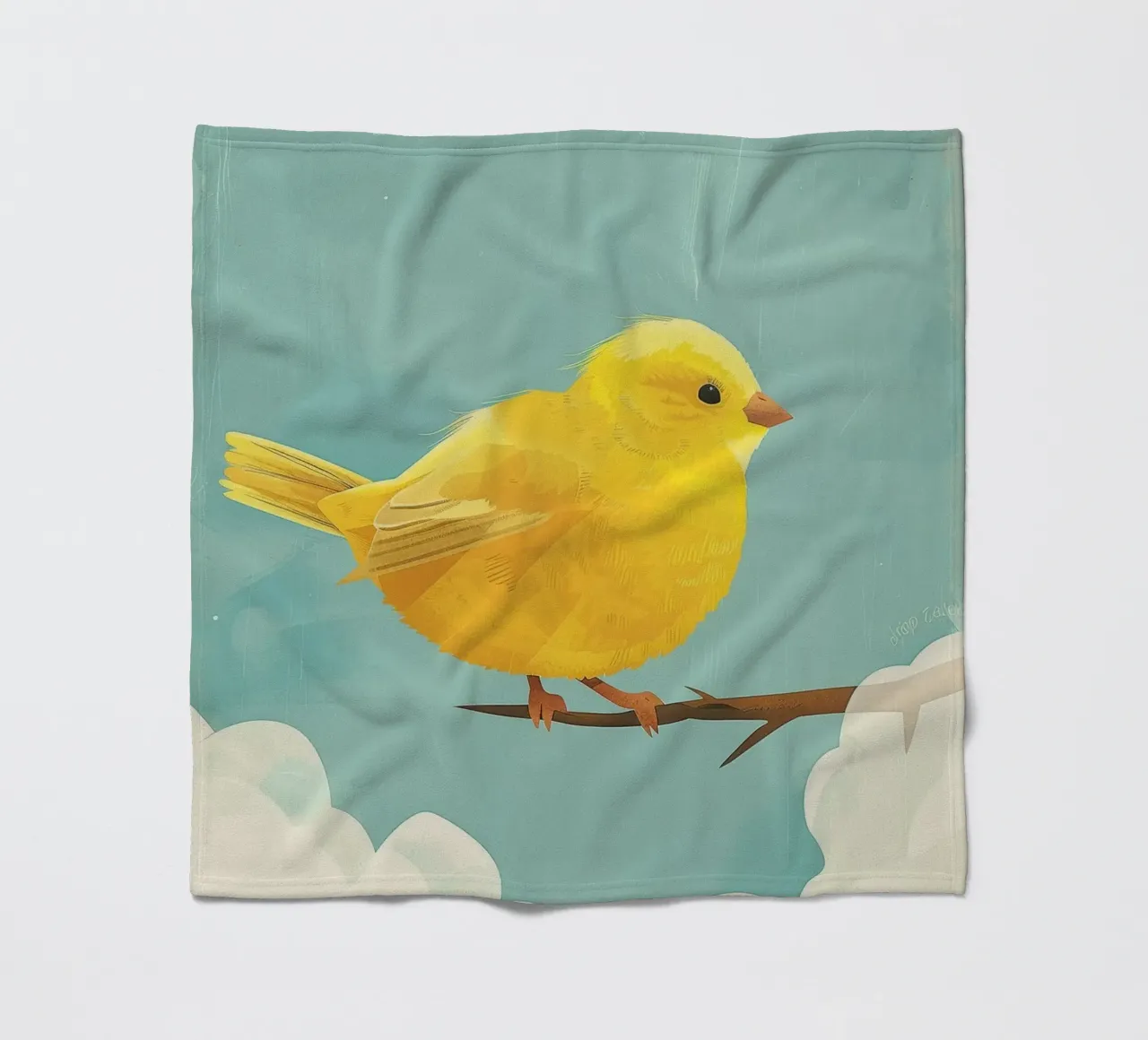Un canarino siede con grazia su un ramo, circondato dal cielo blu coperta in pile da DesignDoodle