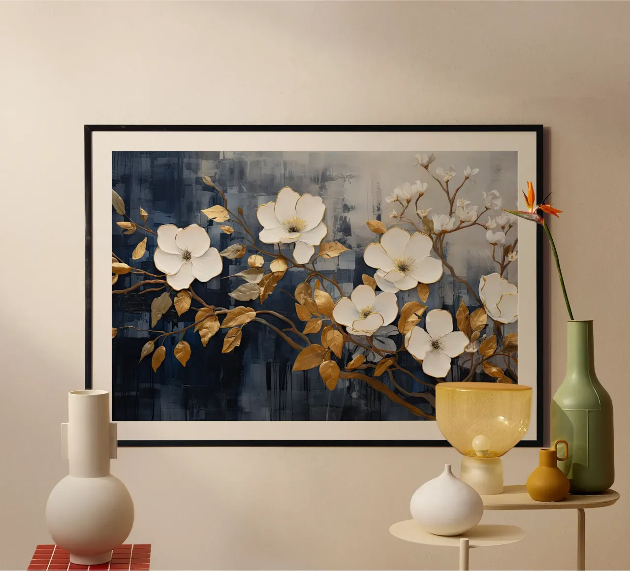 Fiori con foglie dorate carta hahnemühle da Imagine
