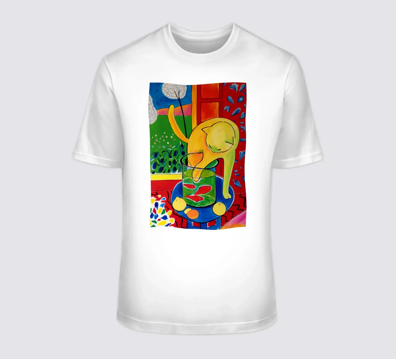 un chat mangeant du poisson dans un bocal t-shirt de sazkia art