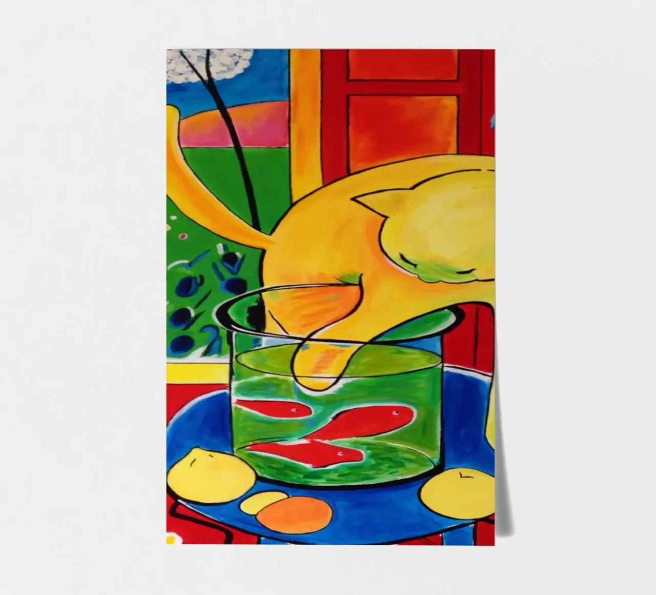 un chat mangeant du poisson dans un bocal planche autocollant de sazkia art