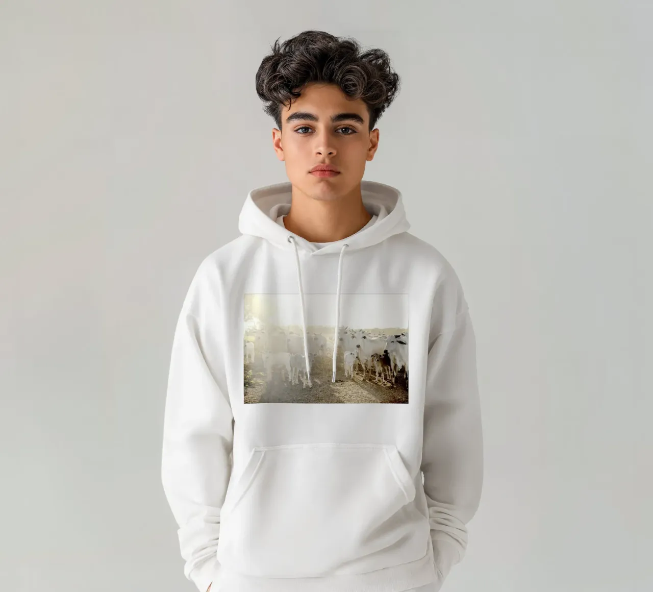 Mucche bianche in fattoria felpa con cappuccio da KISSA STUDIO