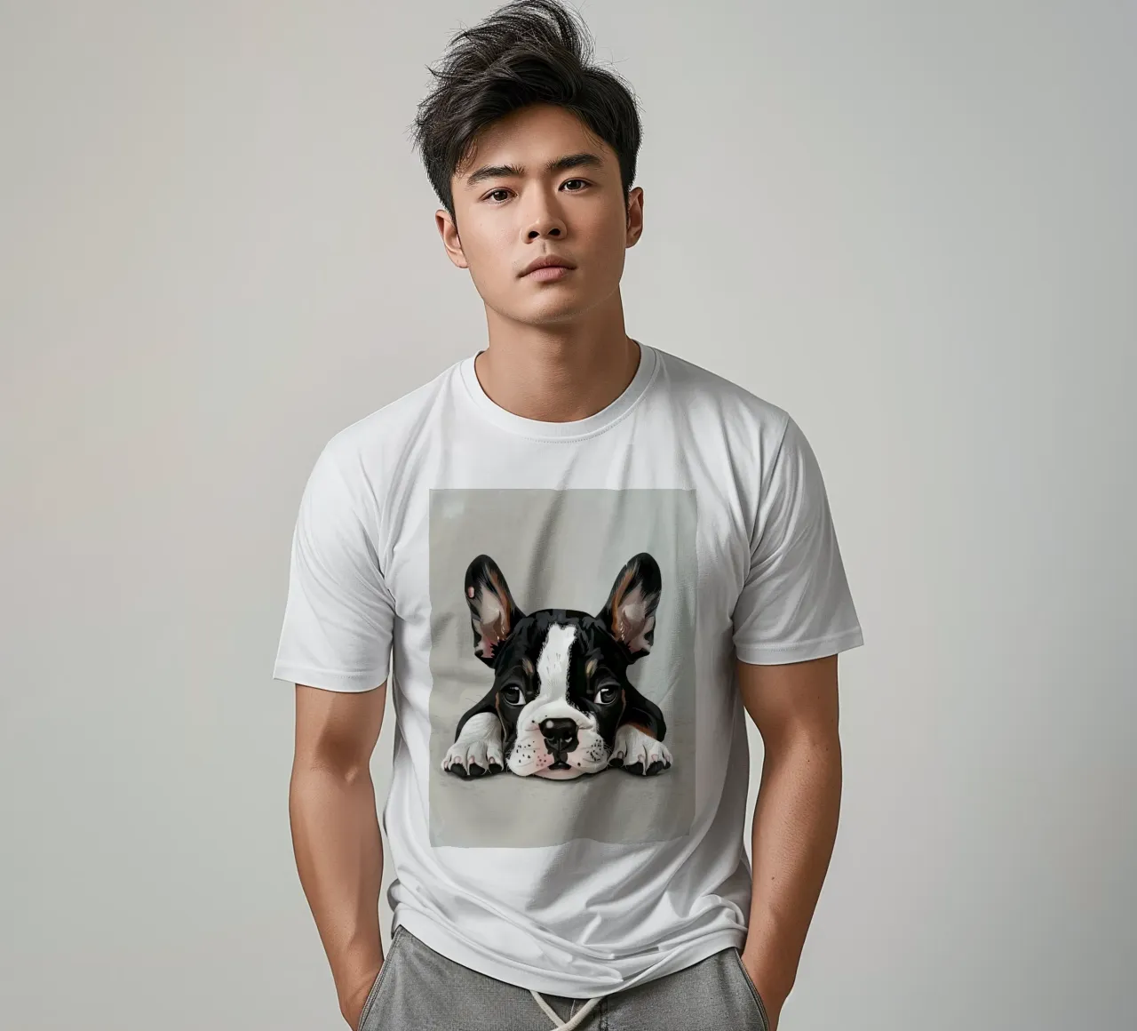 A Bulldog Puppy Resting with Soft Eyes and a Calm Expression t-shirt by DesignDoodle
