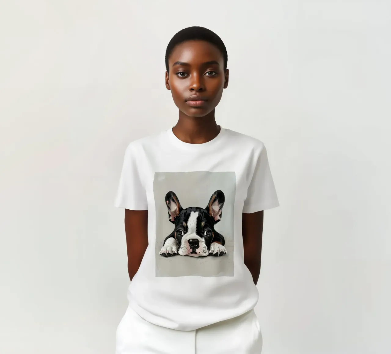 A Bulldog Puppy Resting with Soft Eyes and a Calm Expression t-shirt by DesignDoodle