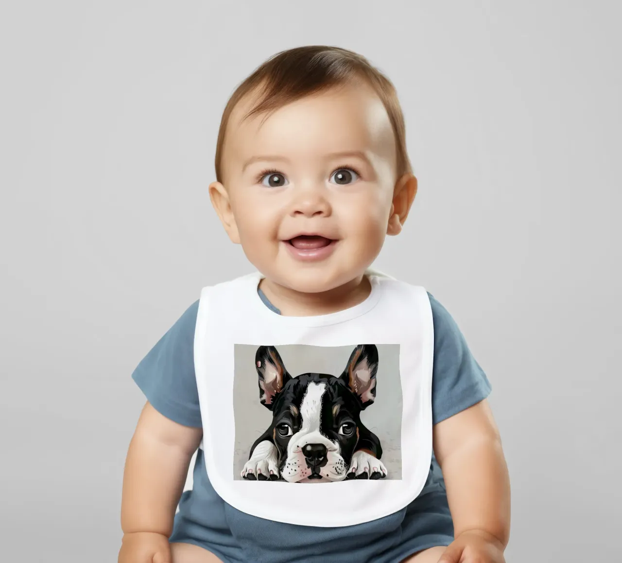 A Bulldog Puppy Resting with Soft Eyes and a Calm Expression baby bib by DesignDoodle