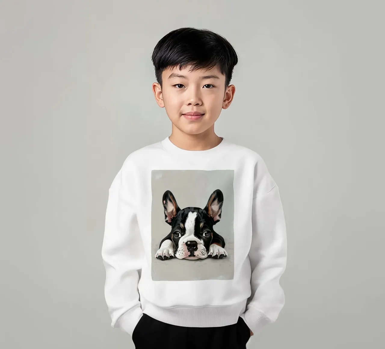 Un chiot bouledogue se reposant avec des yeux doux et une expression calme sweat enfant de DesignDoodle