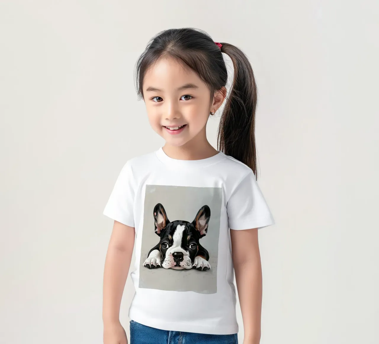 A Bulldog Puppy Resting with Soft Eyes and a Calm Expression kids t-shirt by DesignDoodle
