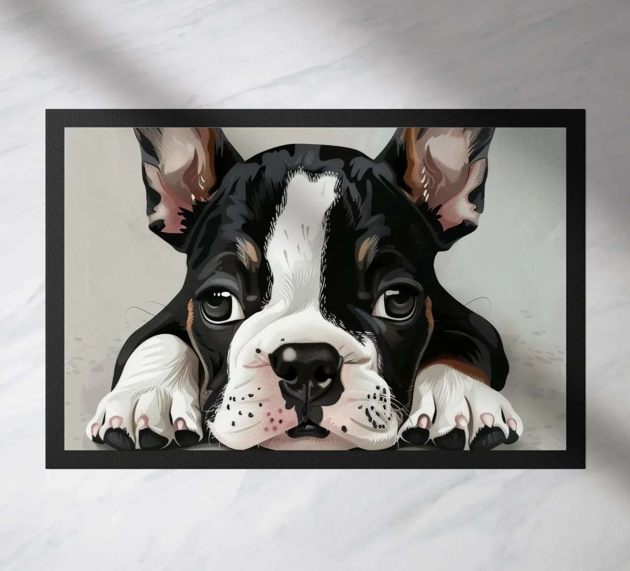 A Bulldog Puppy Resting with Soft Eyes and a Calm Expression doormat by DesignDoodle