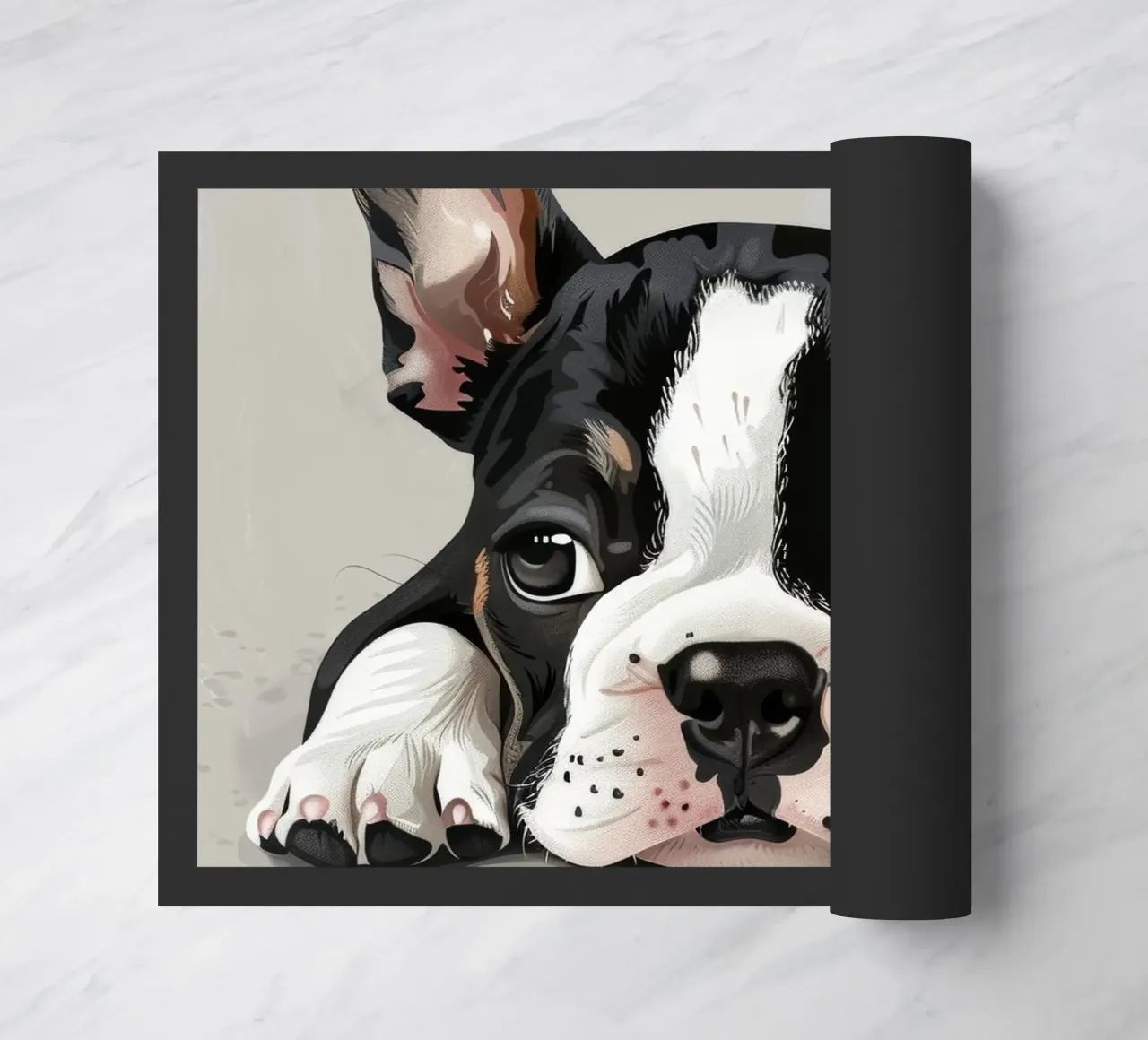 A Bulldog Puppy Resting with Soft Eyes and a Calm Expression doormat by DesignDoodle