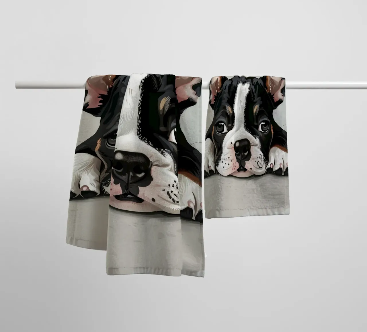A Bulldog Puppy Resting with Soft Eyes and a Calm Expression towel by DesignDoodle