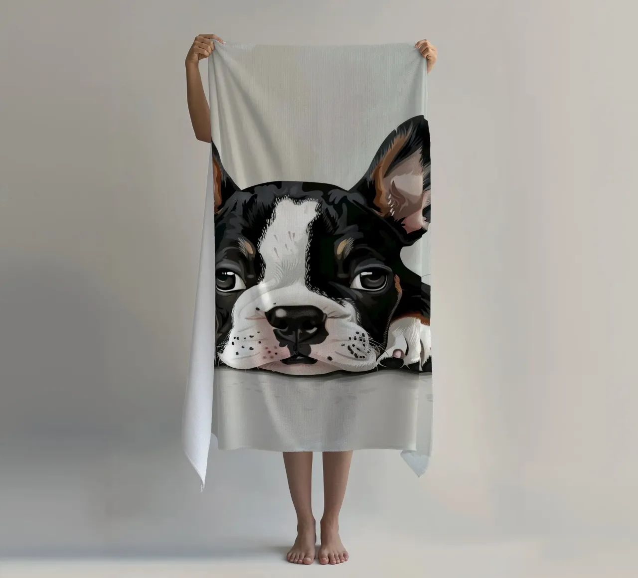 A Bulldog Puppy Resting with Soft Eyes and a Calm Expression beach towel by DesignDoodle