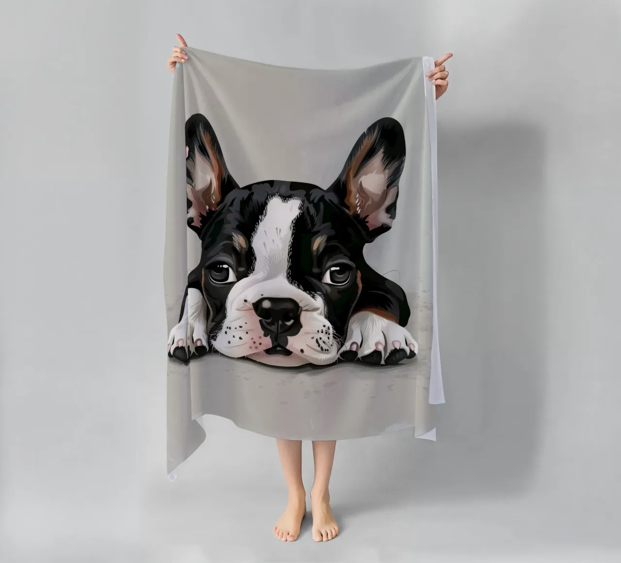 A Bulldog Puppy Resting with Soft Eyes and a Calm Expression beach towel by DesignDoodle