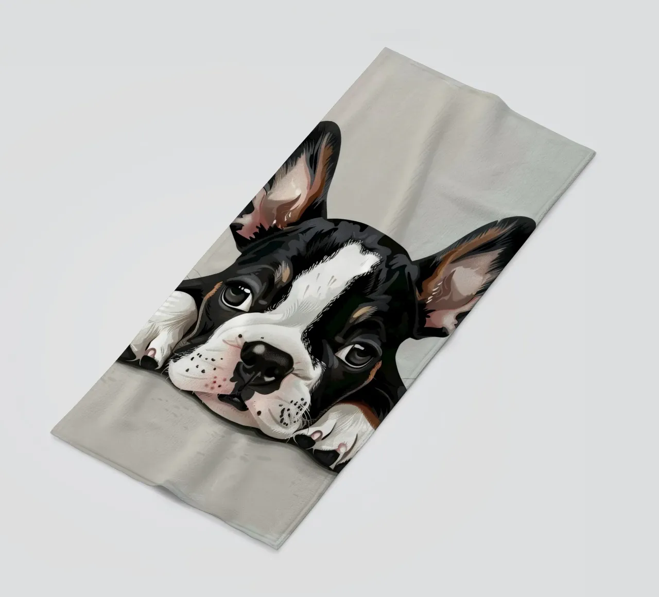 A Bulldog Puppy Resting with Soft Eyes and a Calm Expression beach towel by DesignDoodle